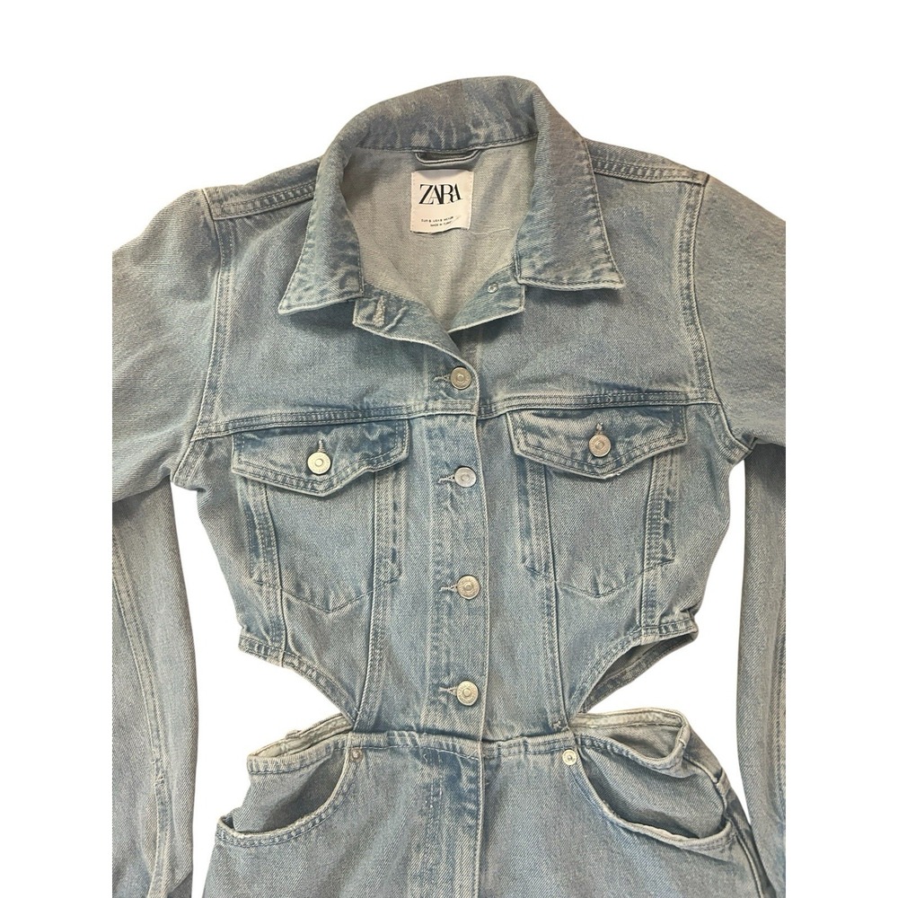 Zara Cut Out Denim Short Blue Jumpsuit SZ S Distressed Romper - Picture 6 of 9